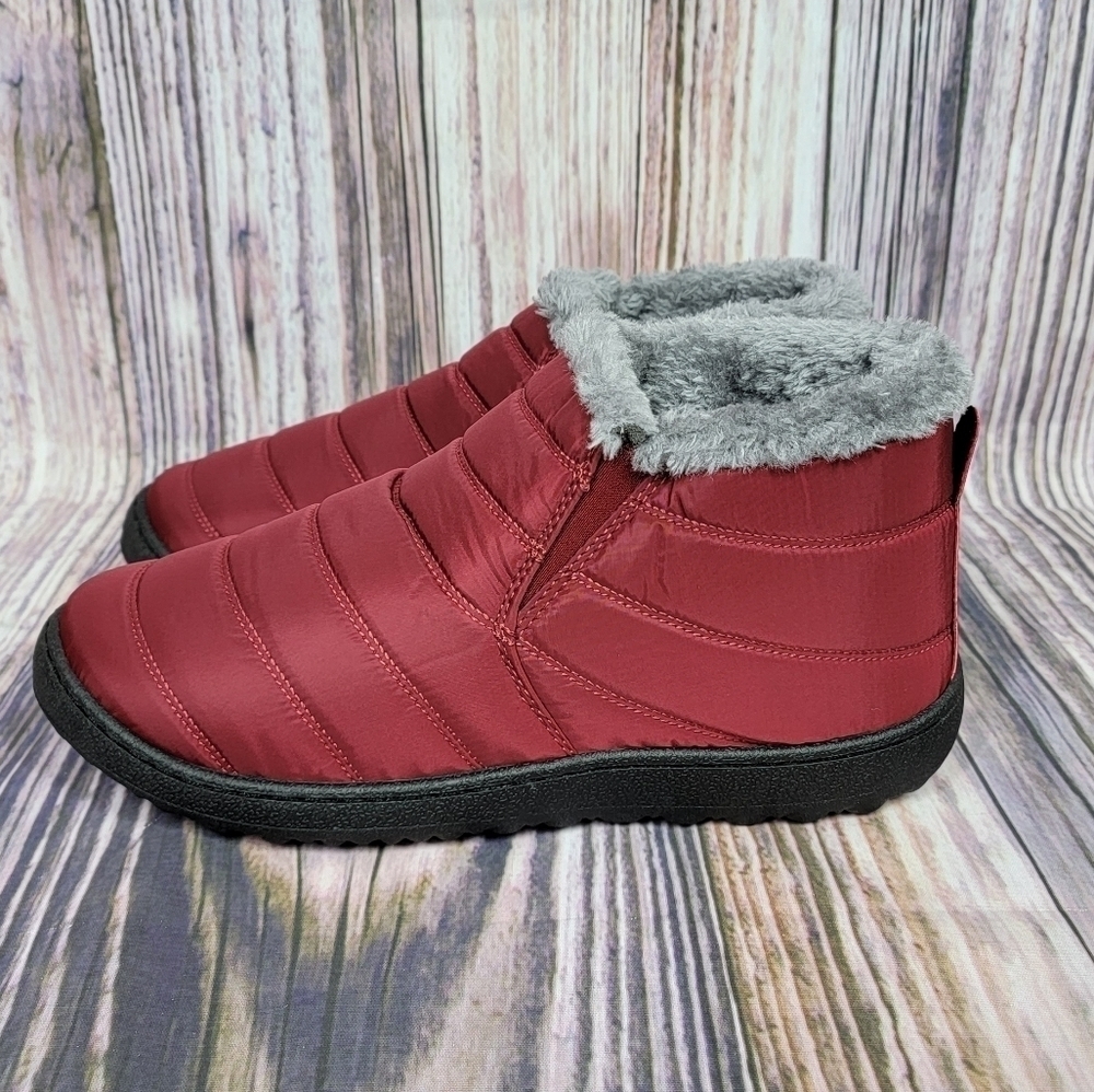 Forever Burgundy Puffer Faux Fur Trim Ankle Boots